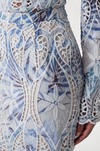 Jupe fourreaux taille haute en broderie anglaise Anastasia - Bleu et blanc