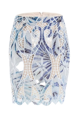 Jupe fourreaux taille haute en broderie anglaise Anastasia - Bleu et blanc