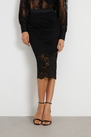 Jupe droite en dentelle taille haute - Noir