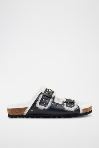 Mules fourrées en cuir de veau Irene - Noir