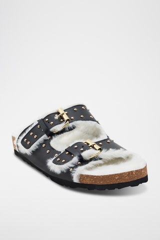 Mules fourrées en cuir de veau Irene - Noir