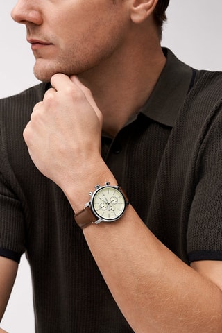 Reloj de cuarzo de piel Rhett - Marrón y plateado