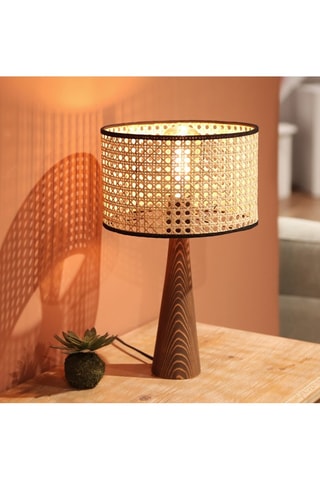 Lámpara de sobremesa de madera y ratán - Natural y beige