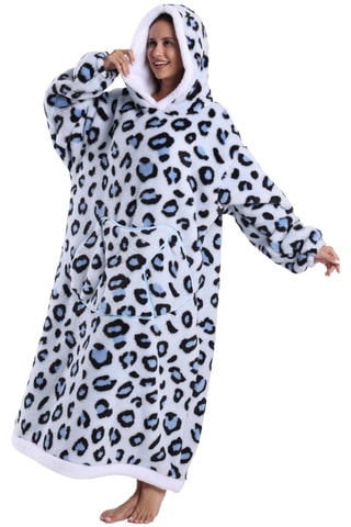 Maglia plaid lunga con cappuccio - Leopardato blu