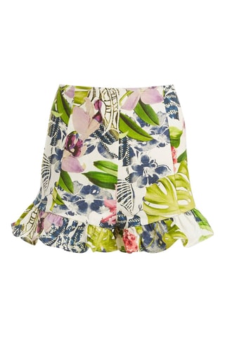 Short en lin taille haute - Blanc et vert olive