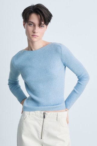 Pull-over côtelé col bateau - Bleu clair