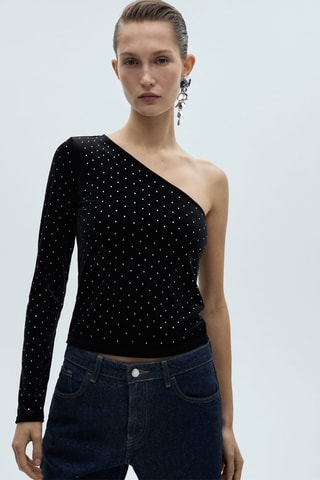 Top velours asymétrique strass - Noir