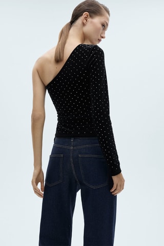 Top velours asymétrique strass - Noir