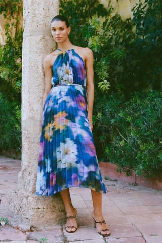 Robe plissée imprimée - Bleu