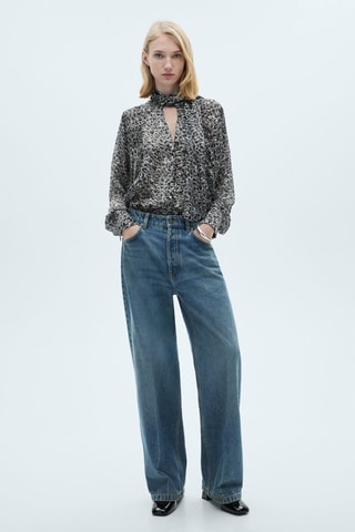 Chemisier imprimé animal avec nœud au col - Noir