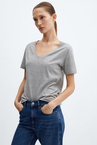 T-shirt col V 100% coton - Gris chiné