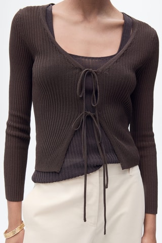 Cardigan maille côtelée noeuds - Chocolat