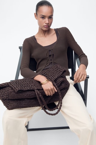 Cardigan maille côtelée noeuds - Chocolat