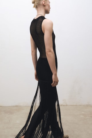 Robe maille ajourée franges - Noir