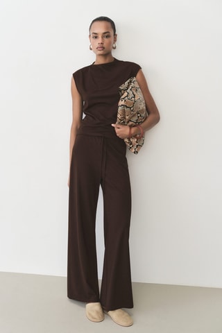 T-shirt col asymétrique froncé - Chocolat