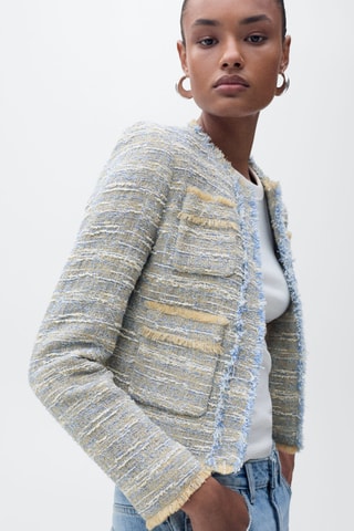 Veste tweed bords effilochés - Bleu ciel