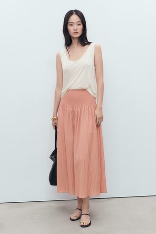 Jupe midi empiècement froncé - Rose