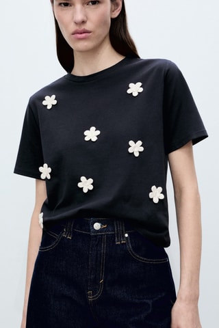 T-shirt manches courtes avec application de fleurs - Bleu marine