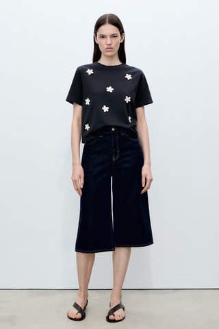 T-shirt manches courtes avec application de fleurs - Bleu marine