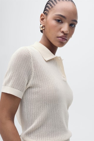 Pull-over maille ajourée col polo - Ecru
