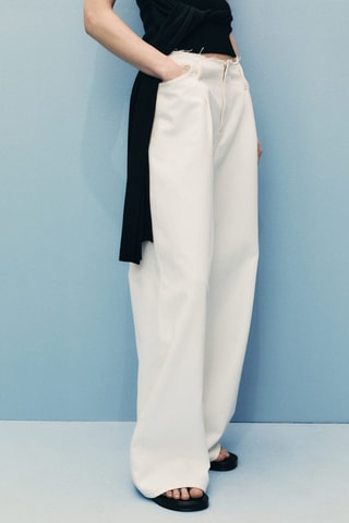 Pantalon en denim wideleg taille effilochée - Ecru