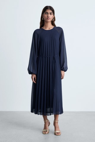 Robe plissée ceinture à nouer - Bleu marine