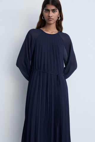 Robe plissée ceinture à nouer - Bleu marine