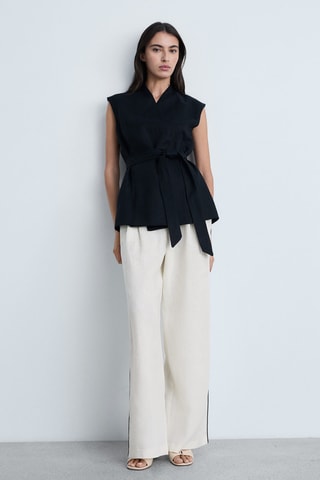 Pantalon lin rayures contrastées - Vanille