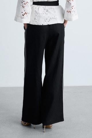 Pantalon lin rayures contrastées - Noir