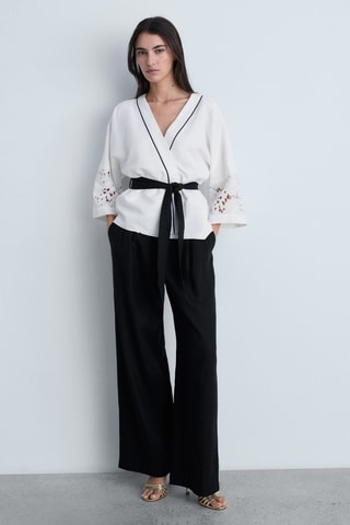 Pantalon lin rayures contrastées - Noir