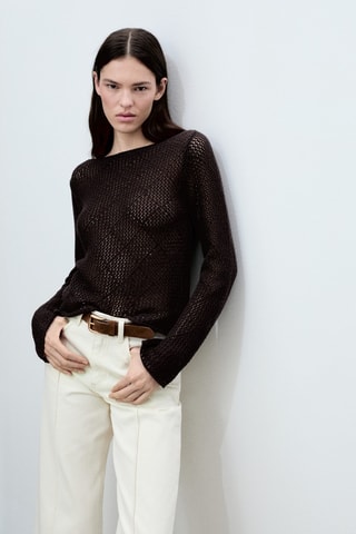 Pull coton maille ajourée - Chocolat