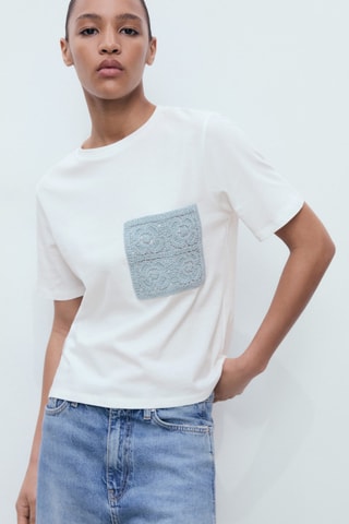 T-shirt manches courtes poche en crochet - Ecru