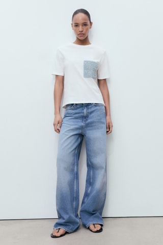 T-shirt manches courtes poche en crochet - Ecru