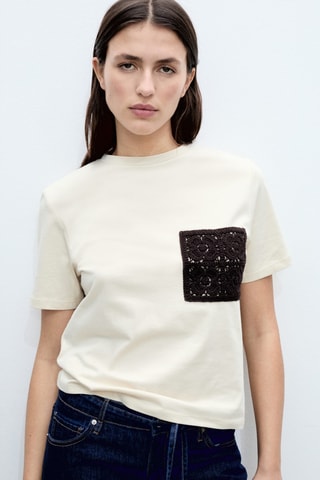 T-shirt manches courtes poche en crochet - Beige