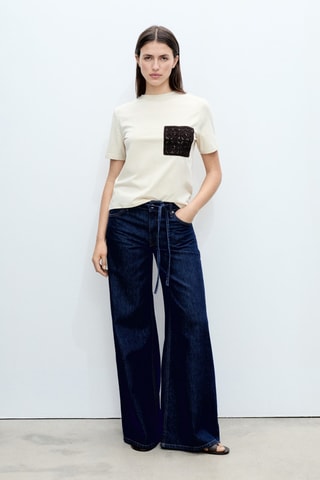 T-shirt manches courtes poche en crochet - Beige