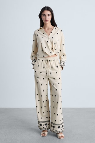 Pantalon droit brodé - Beige