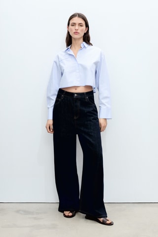 Chemise courte rayée avec détail de coutures - Bleu