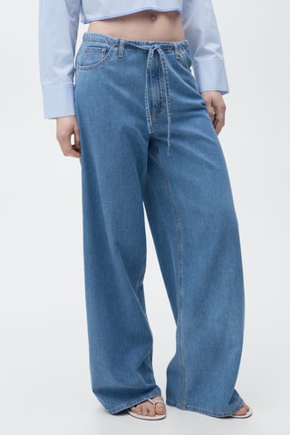 Pantalon denim wideleg ceinture - Bleu