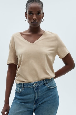 T-shirt coton col en V - Beige
