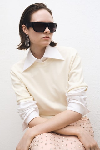 Pull laine mélangée manches courtes - Ecru