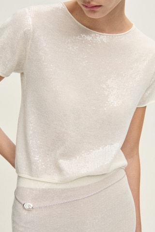Pull maille manches courtes paillettes - Vanille