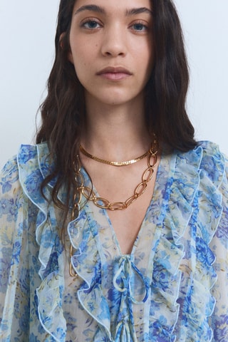 Blouse fleurie volants - Bleu ciel