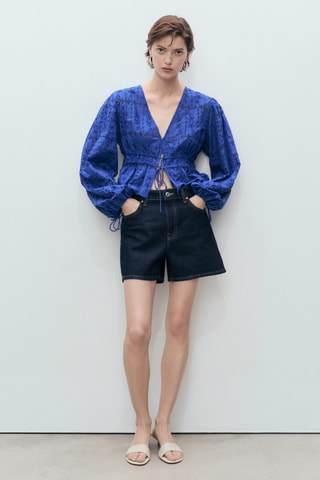 Blouse broderie anglaise à noeuds - Bleu