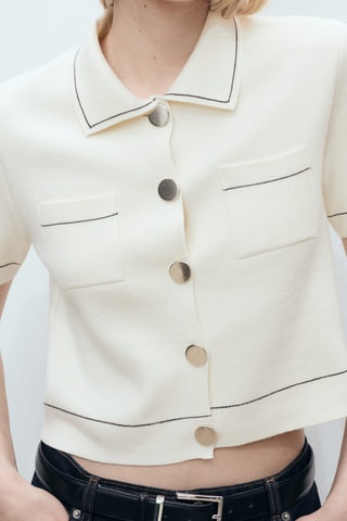 Cardigan crop liserés contrastés - Ecru