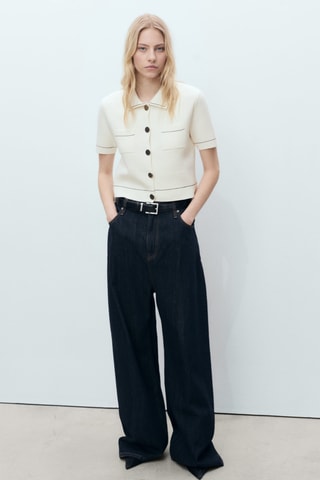 Cardigan crop liserés contrastés - Ecru