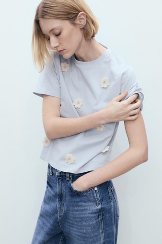 T-shirt coton application fleurs - Bleu