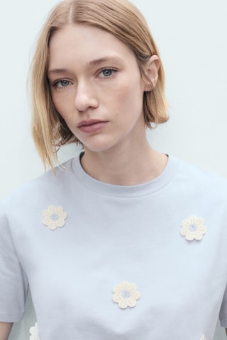 T-shirt coton application fleurs - Bleu