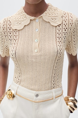 Pull-over maille ajourée col polo - Beige