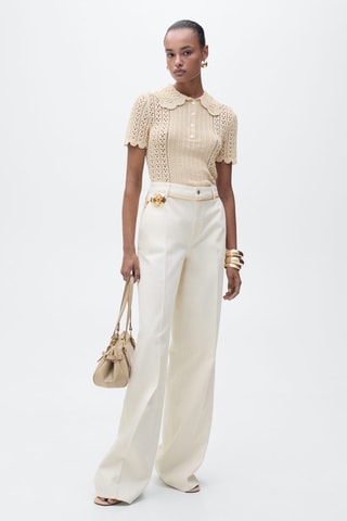 Pull-over maille ajourée col polo - Beige