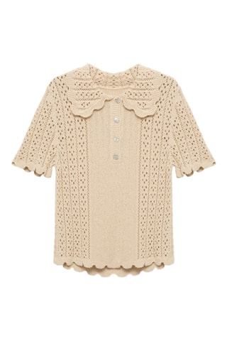 Pull-over maille ajourée col polo - Beige